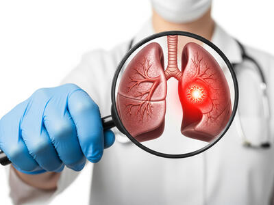 A health care provider holds a magnifying glass over a lung illustration, highlighting a bright red abnormal area in one lung.