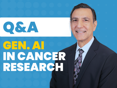 Professional headshot of Dr. Daoud Meerzaman positioned on the right while text on the left reads: Q&A gen. AI in cancer research.