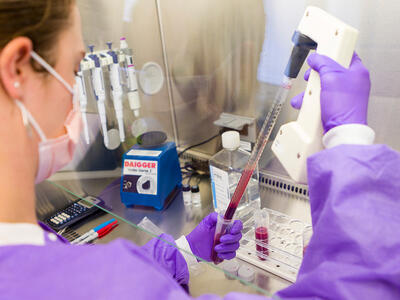 Health care provider in protective equipment uses a pipette to transfer red liquid into a laboratory tube inside a biosafety cabinet.