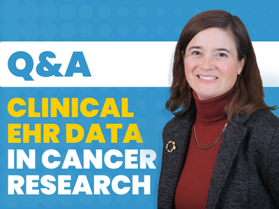 Professional headshot of Dr. Shannon Silkensen positioned on the right while text on the left reads: Q&A clinical EHR data in cancer research.