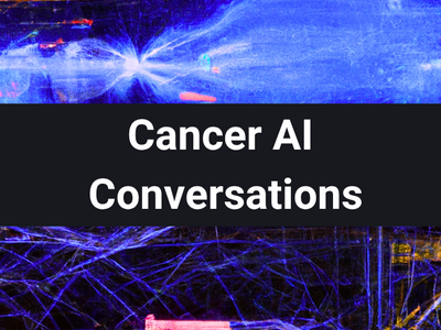 Image generated by DALL-E to represent AI behind text saying "Cancer AI Conversations"
