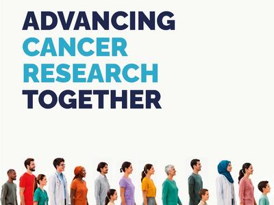 Image of a diverse group of people walking, with the text "Advancing cancer research together" written above.