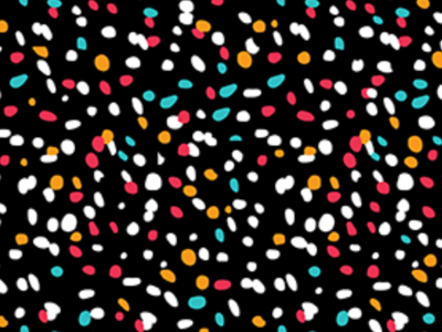Illustration of white, orange, pink, and aqua speckles on a black background to represent microplastics