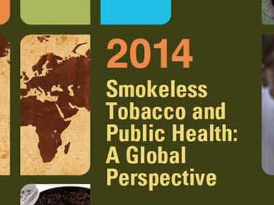 A graphic with the text “Smokeless Tobacco and Public Health: A Global Perspective“. There is an image grid using rectangles with some rounded corners. Two of the boxes have a maps: one with a view of North and South America, the other with Africa and Europe. Another box is a photo of a man holding a tobacco leaf.