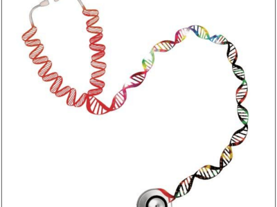 An illustrated stethoscope. The tubing is made from DNA strands, while the eartips and bell are the usual materials.