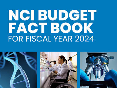 Text reads “NCI Budget Fact Book for Fiscal Year 2024” above three side-by-side images: a 3d, computer generated double helix DNA strand, a female researcher in a wheelchair in a lab, and a closeup view of a microscope.