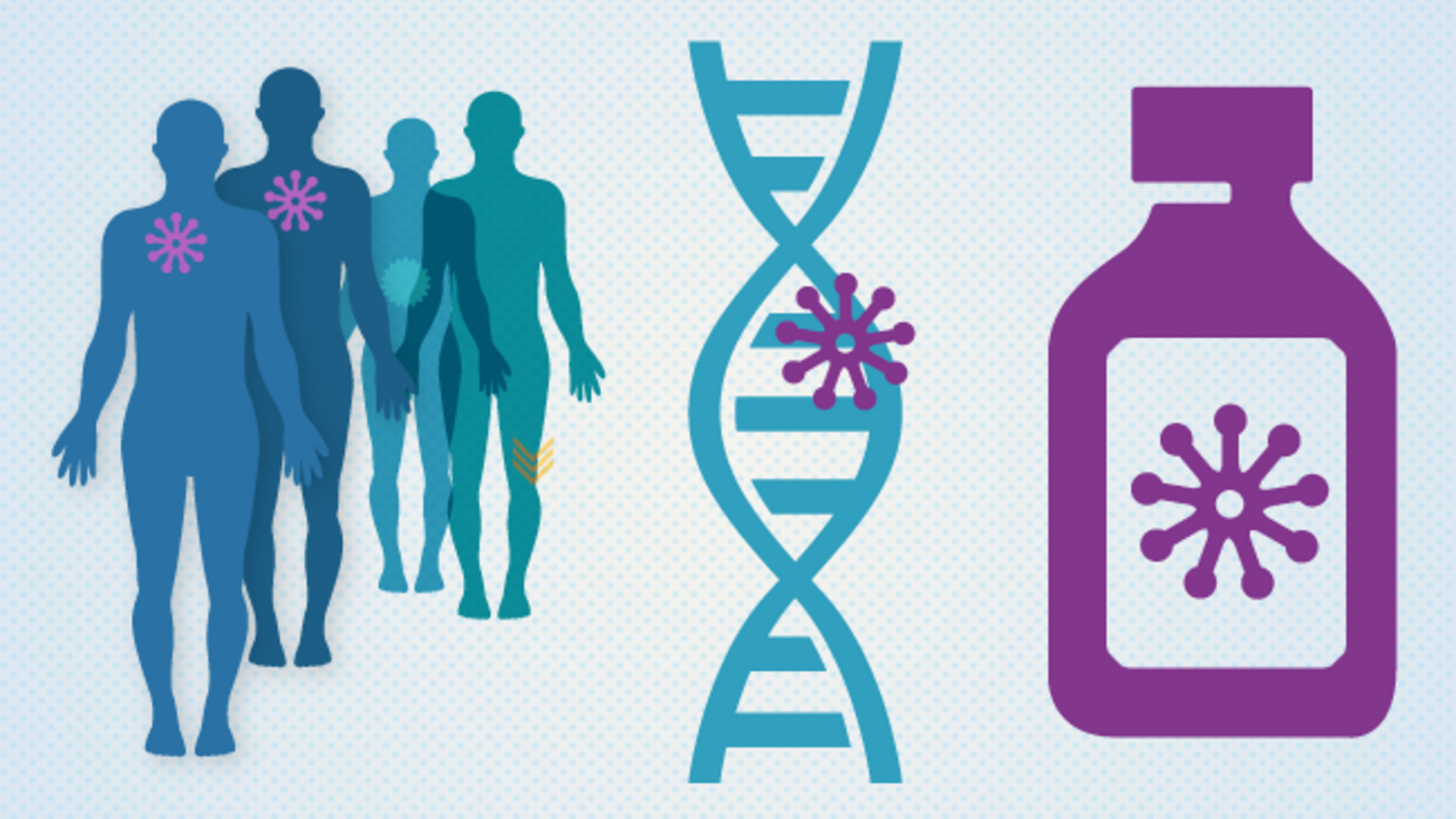 drawing of people in silhouette, a DNA strand, and a bottle of medication