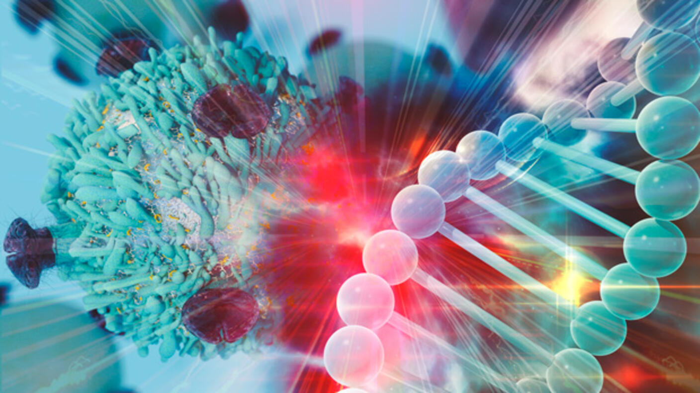 Abstract artistic rendering showing a cellular structure with radiating light beams and molecular spheres.
