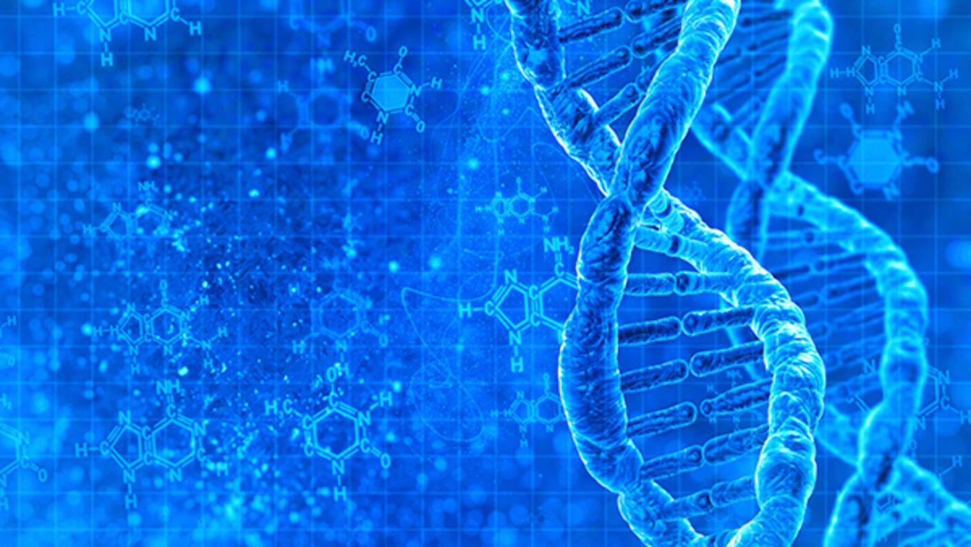 Two double helix DNA strands on top of a gridded, textured background that contains randomly sized chemical bond-line formulas.