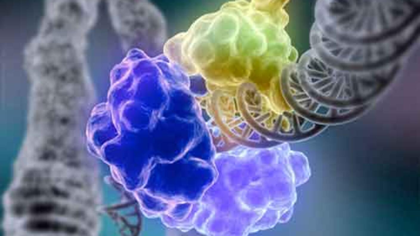Purple and greenish enzymes surround a grayscale strand of DNA