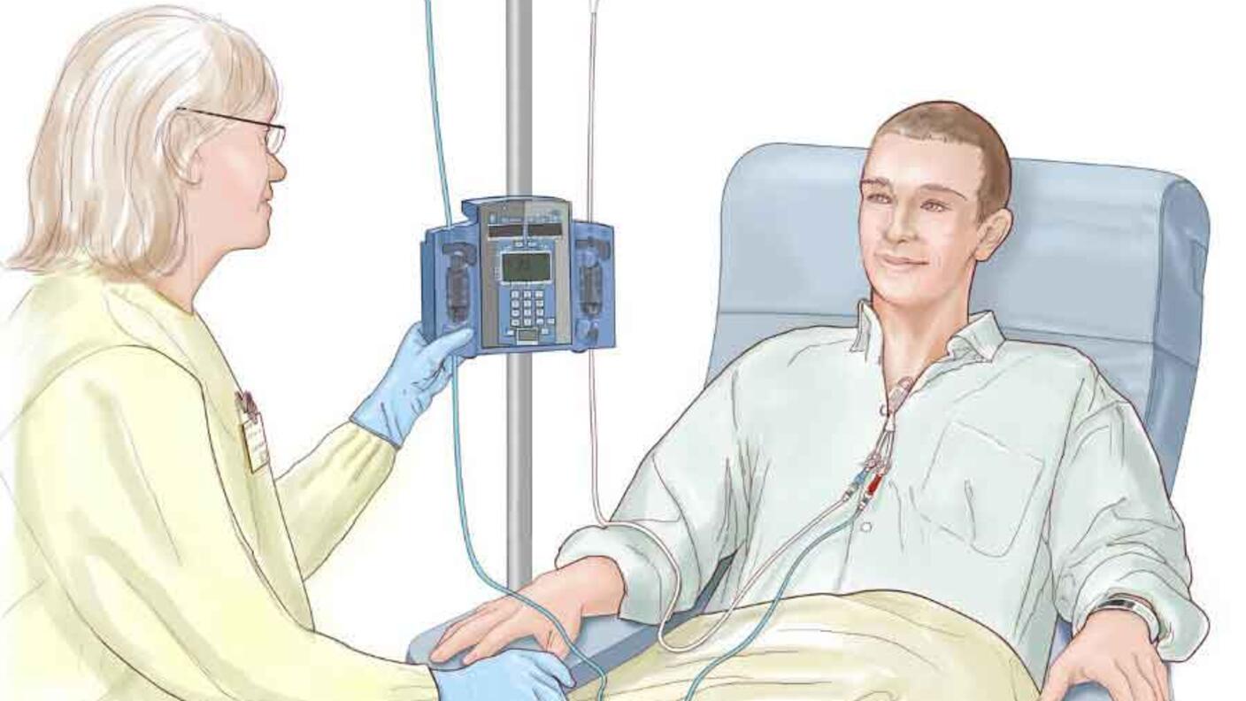 Illustration of a medical professional giving a patient chemotherapy. Both are seated, with the medical professional in scrubs and gloves and the patient in a casual long sleeve shirt sitting in a chair. The machine has two IV bags and one is labeled “Chemotherapy.” On the opposite side of that machine text reads “Patient receives treatment to destroy blood-forming cells.”