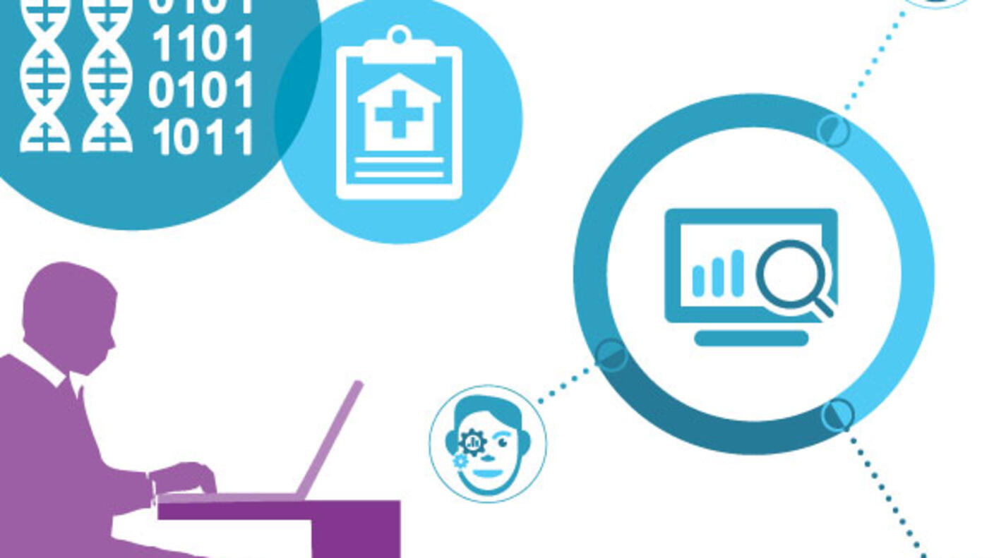 Person working at a laptop, with various digital icons connected by dotted lines. Symbols include DNA strands with binary code, a medical clipboard, facial recognition images, and a computer screen displaying data analysis.
