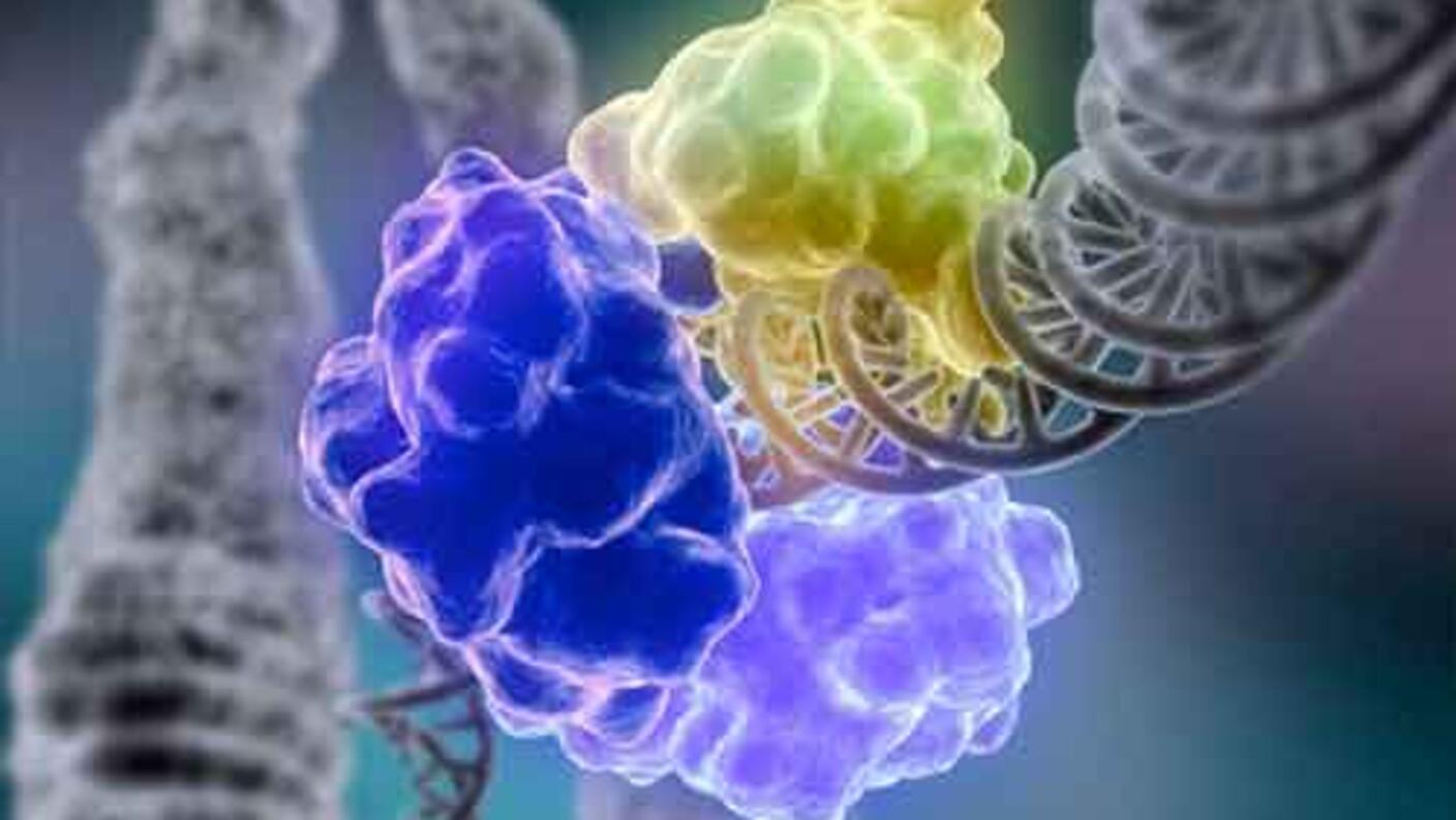 Purple and greenish enzymes surround a grayscale strand of DNA