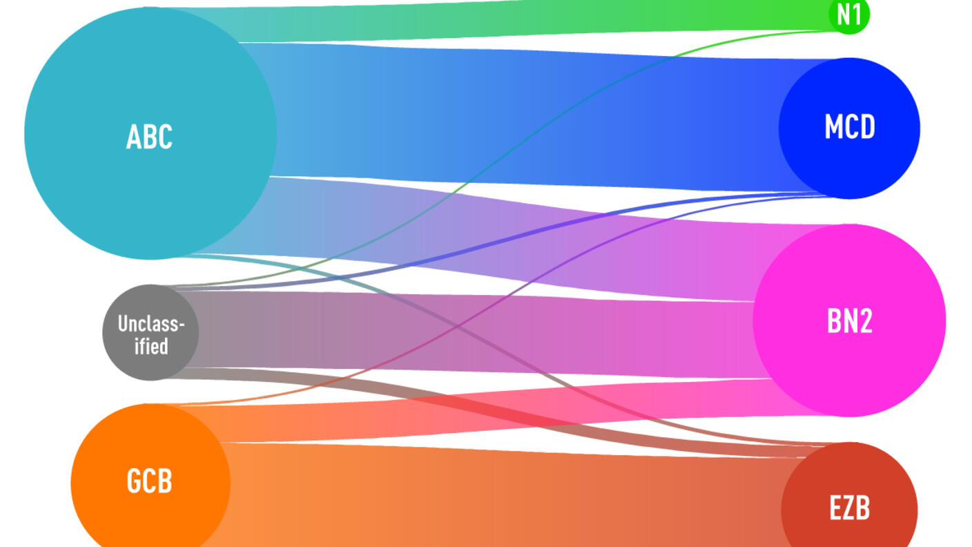 Sankey diagram showing the relationship between gene expression subgroups (ABC, GCB, Unclassified) on the left and genetic subtypes (N1, MCD, BN2, EZB) on the right for diffuse large B cell lymphoma, with curved connectors illustrating how the classification systems relate to each other.