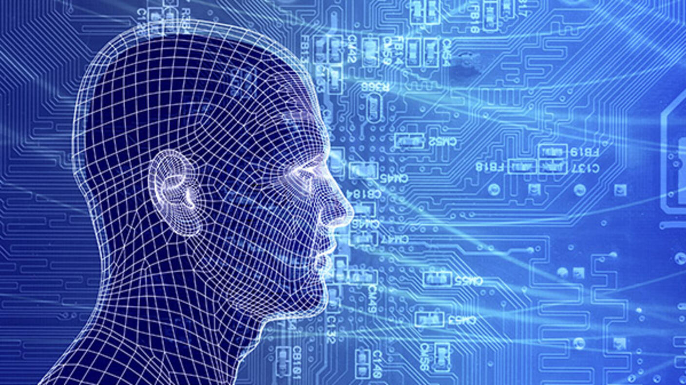 A digital illustration of a wireframe human head is set against a blue background filled with circuit patterns, symbolizing the connection between technology and the human mind.