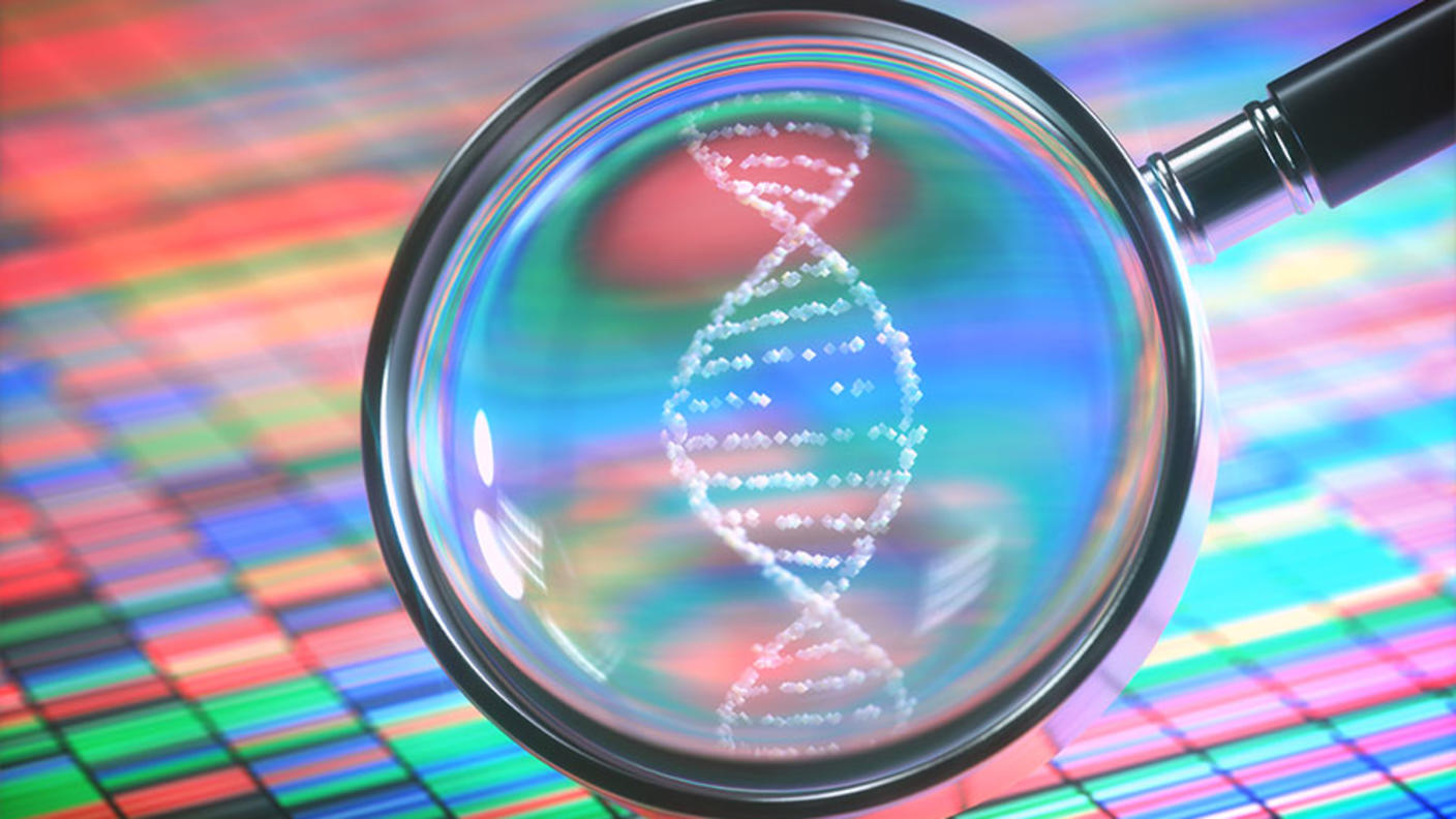 Artistic illustration of a magnifying glass revealing a DNA double helix structure over a background of colorful genetic data.