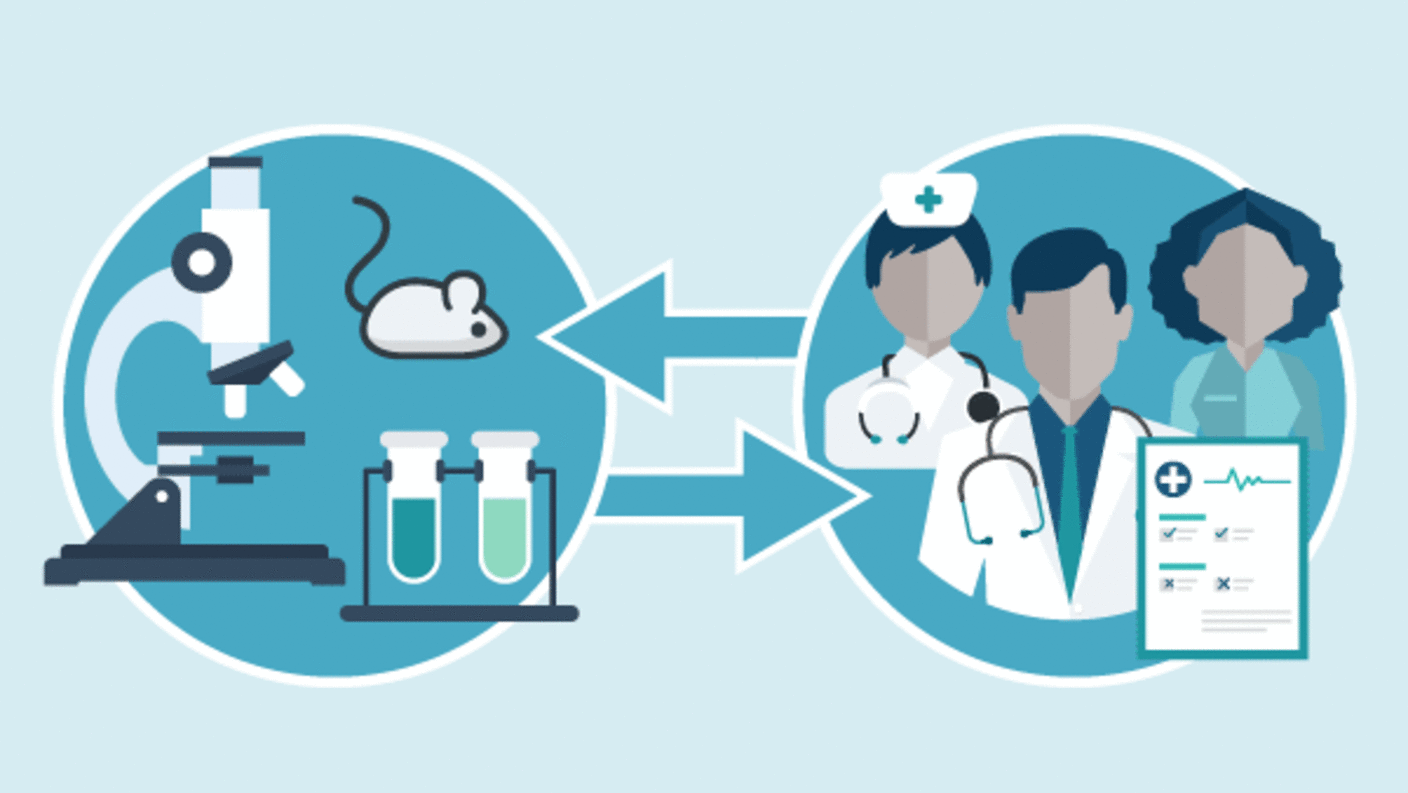 Infographic with science icons (microscope, mouse, test tubes) and medical staff representing patient care.