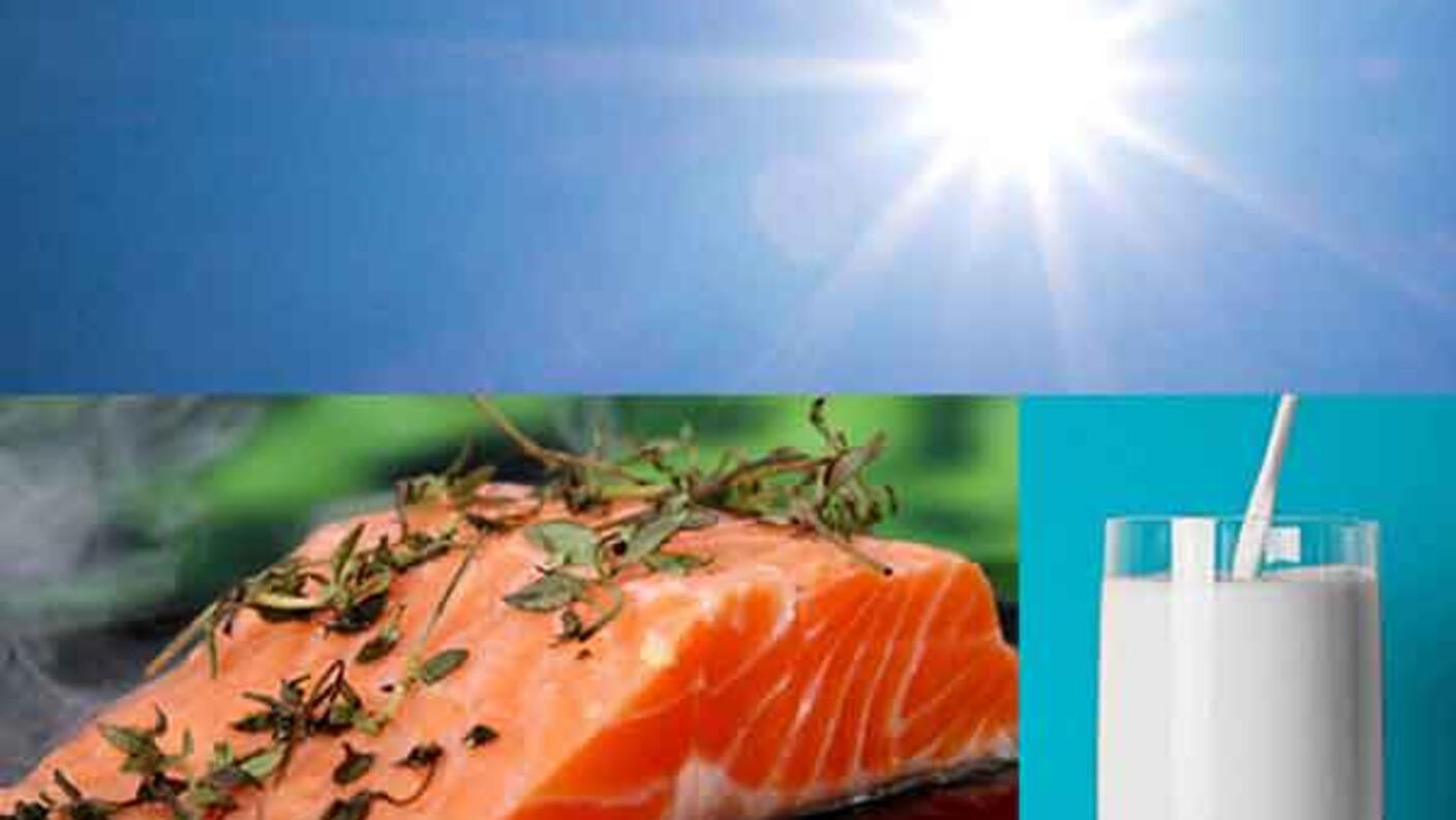A three-panel image. The top panel is a shining sun in a blue, cloudless sky; the bottom left panel is a piece of salmon with herbs on top; and the bottom right panel is a glass of milk with a straw.