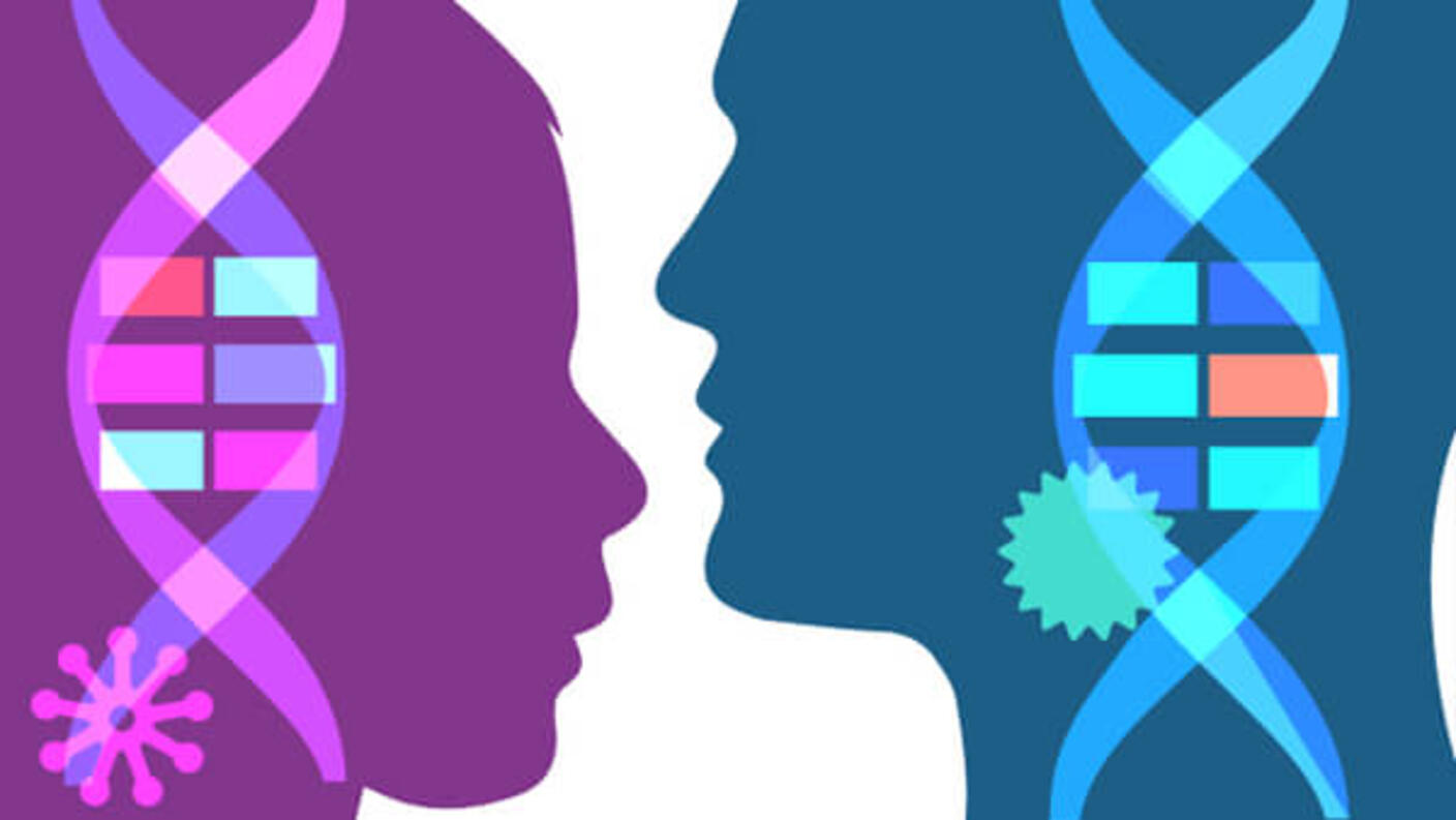 Illustration of two silhouettes facing each other, one in purple and the other in blue. Each silhouette features a stylized DNA double helix integrated within their profiles. The purple silhouette has a virus-like structure, while the blue silhouette includes a spiky shape.
