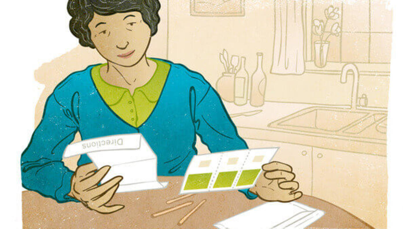 Illustration of a person reading directions at a table in a kitchen.