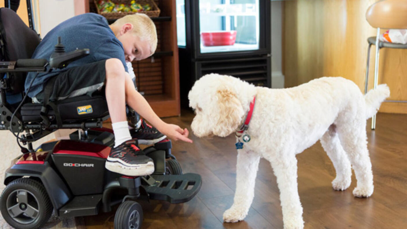 Travis Carpenter in a wheel chair playing with his dog