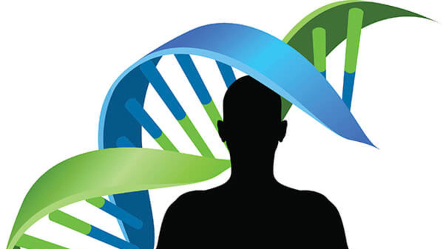 Illustration of a double helix DNA chromosome strand behind a human silhouette