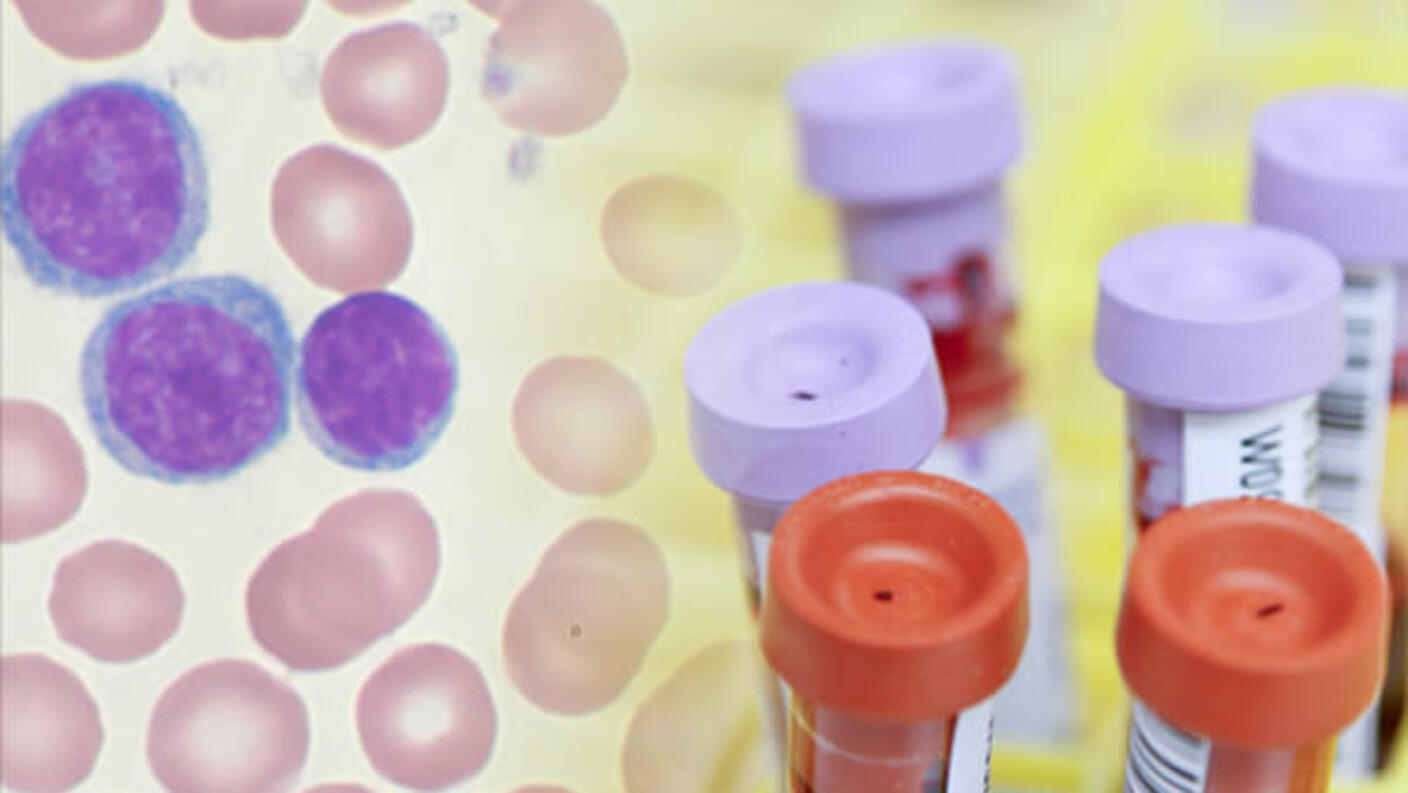A collage of a close of pathology slide - cells that are mostly pink with a light center alongside three purple cells with blue exteriors - fading into six blood samples in tubes. The tubes have labels that have a bar code and light purple or orange tops. 