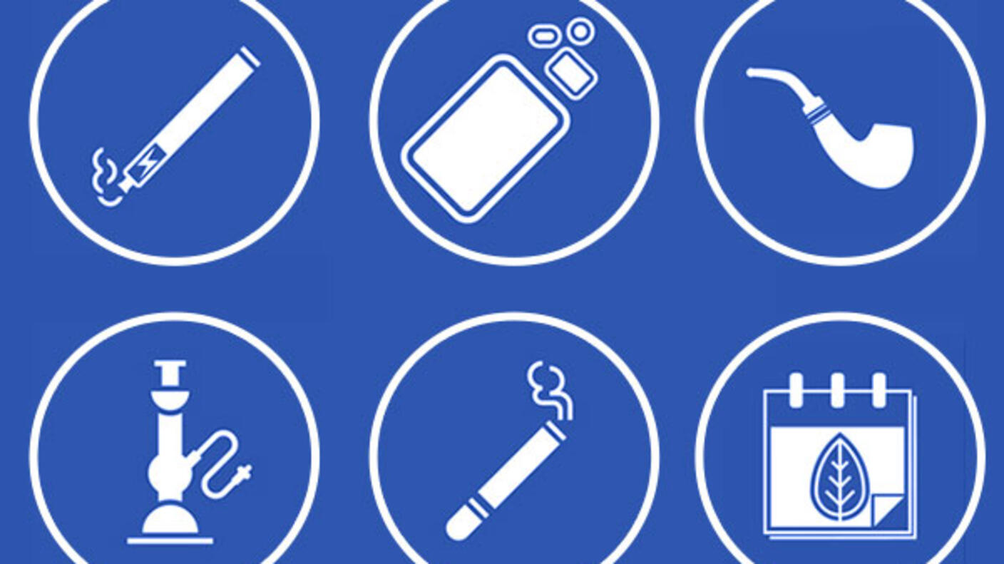 Six white circular icons on a blue background displaying tobacco-related items: a cigarette, vaping device, pipe, hookah/water pipe, e-cigarette, and a calendar with a no-smoking symbol.