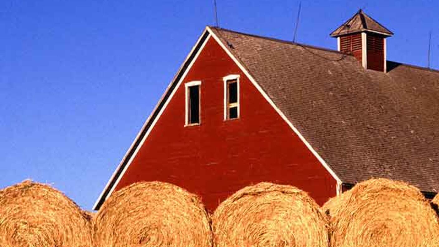 Roof of a red farmhouse with hay bales in the foreground.