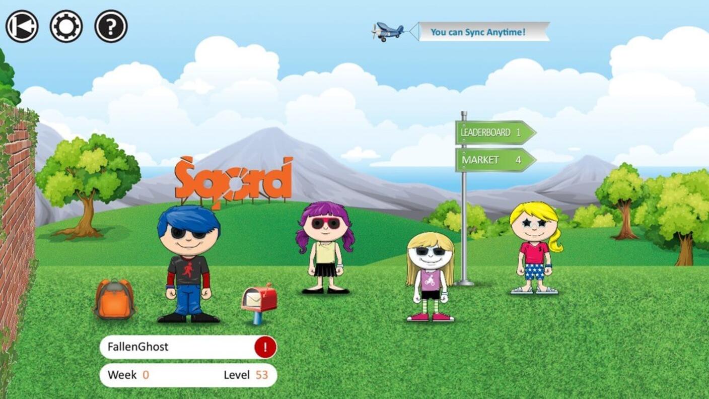 Screenshot of the interactive Sqord app showing cartoon characters in a colorful virtual landscape, designed to gamify exercise for young cancer survivors with features like leaderboards, virtual marketplaces, and social syncing capabilities.