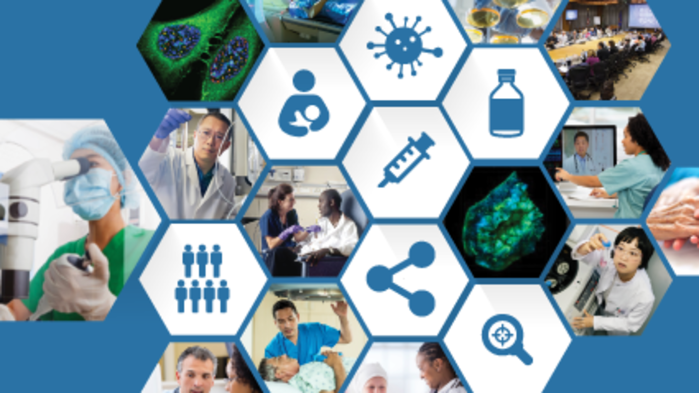 A collage of hexagons. Some hexagons contain medical icons such as a syringe, mother holding a baby, or a cell; other hexagons contain photos, such as a researcher inspecting a slide, a doctor talking to a patient, or a close up of cells.