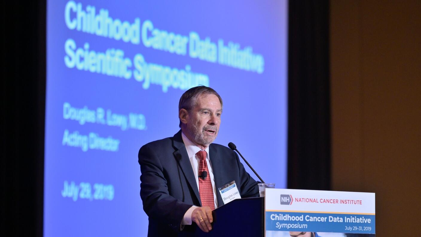 NCI Acting Director Douglas Lowy, M.D., speaking at the Childhood Cancer Data Initiative Symposium in Washington, DC.
