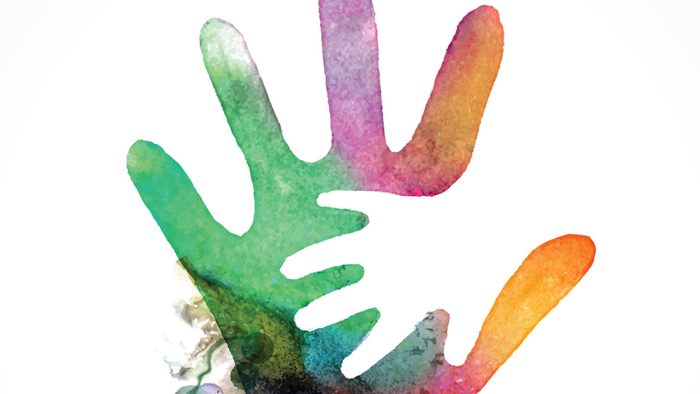 Watercolor painting of an adult and a child's hands.