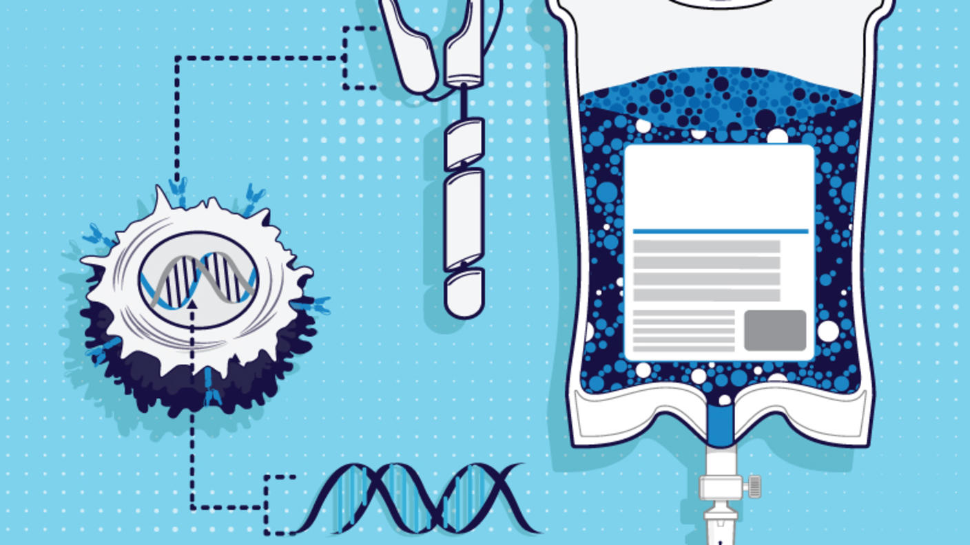 A conceptual image of CAR T cell therapy, including DNA, at T cell, and an infusion bag.