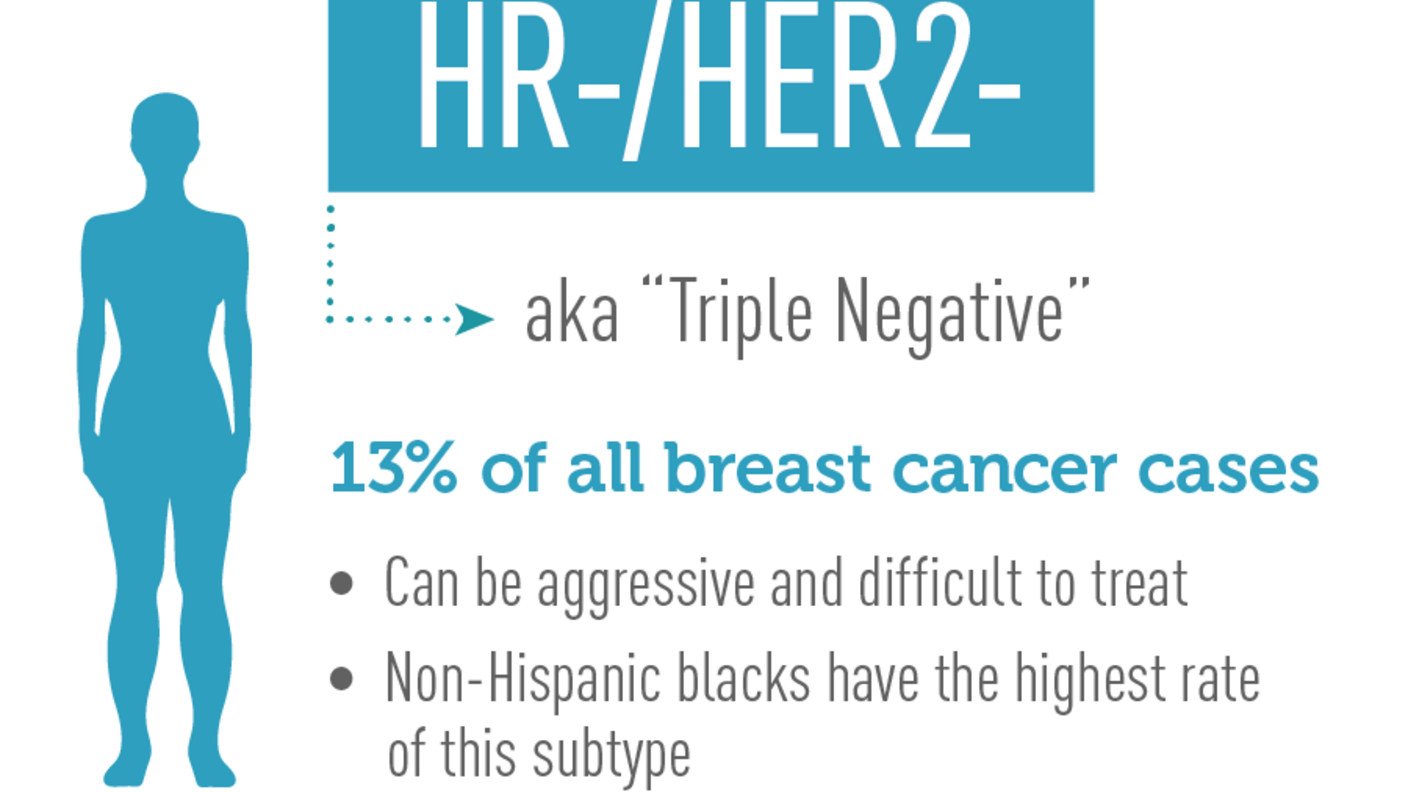 HR-/HER2- aka “Triple Negative.” 13% of all breast cancer cases and can be aggressive and difficult to treat. Non-Hispanic blacks have the highest rate. 