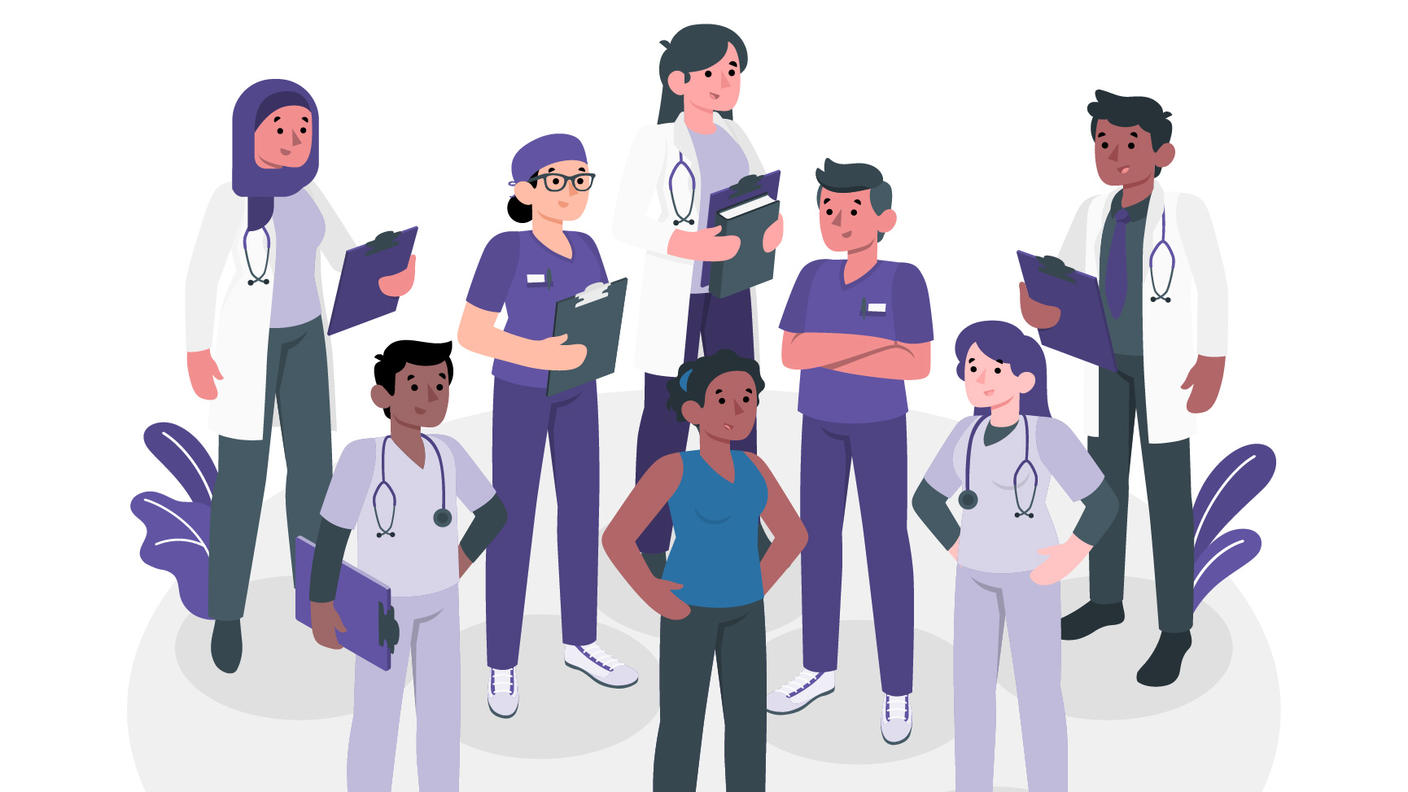 Drawing of diverse health care team standing with a person of color.