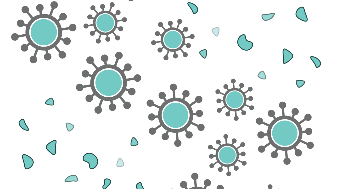 A graphic of blue-green viruses scattered around with small particles around them.