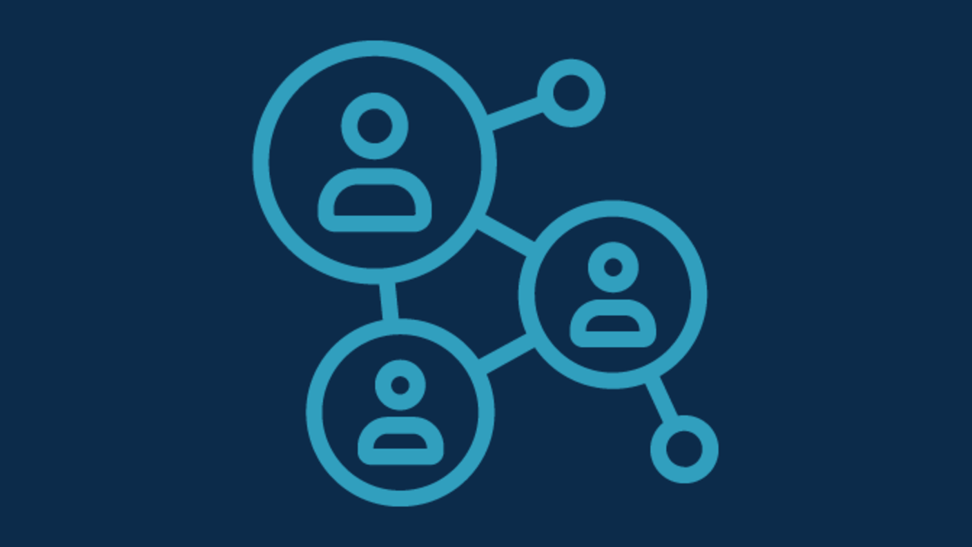 An icon showing circles connected by lines. Some of the larger circles have people icons contained inside of them. The icons are a lighter blue on a dark blue background.