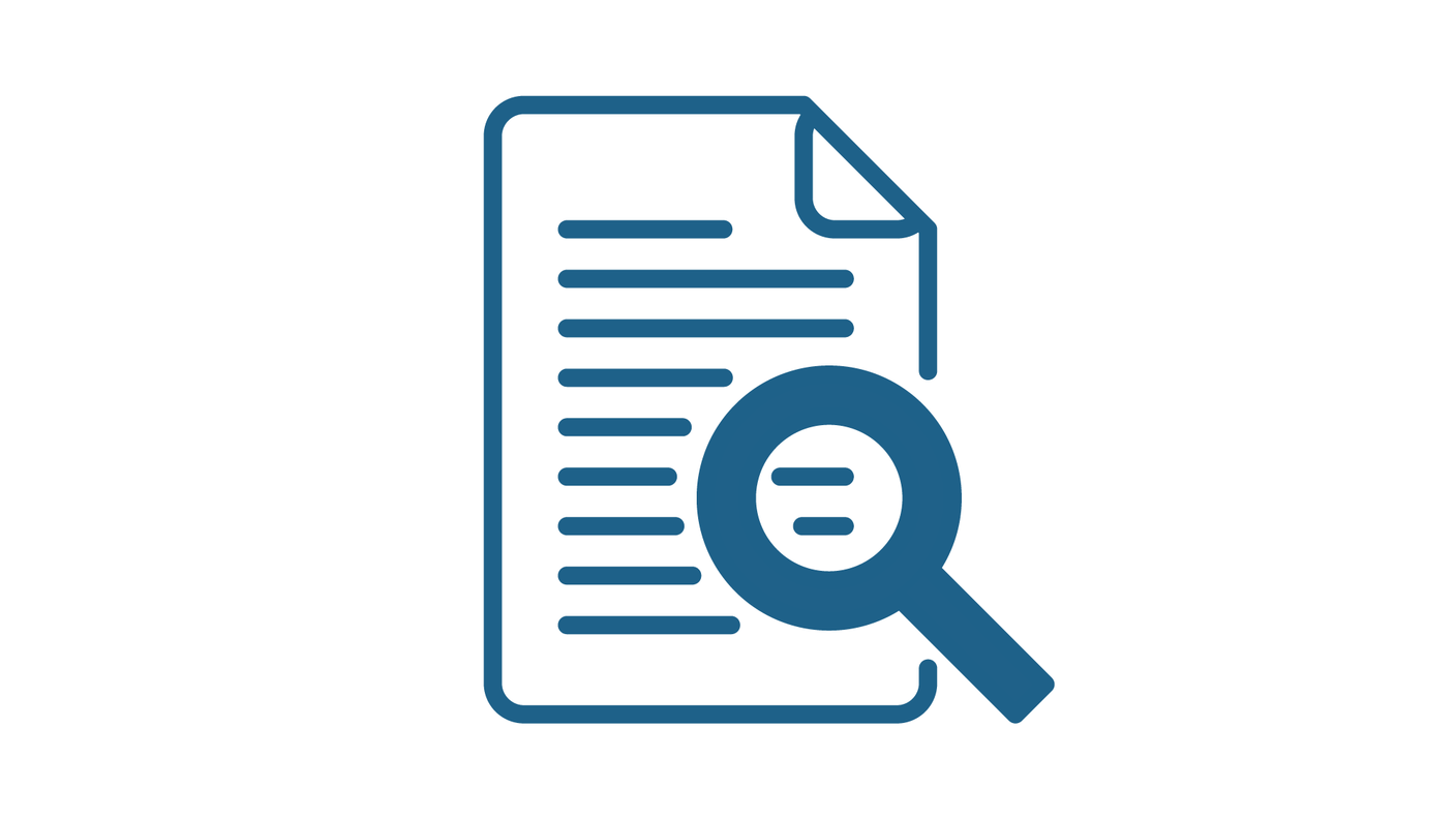 Icon depicting a paper with a magnifying glass to represent scientific review