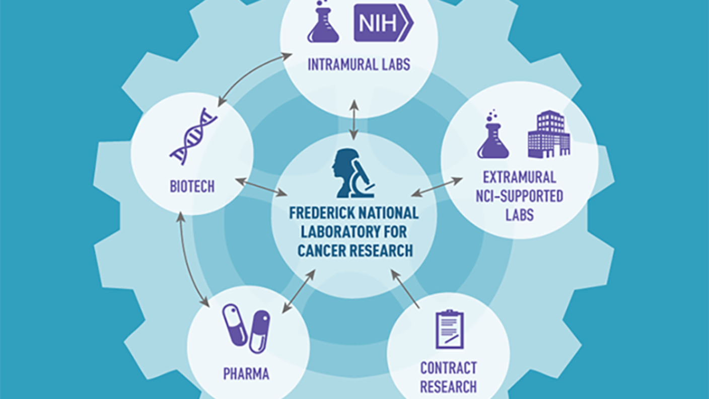 An infographic that has a circle containing “Frederick National Laboratory for Cancer Research” at the center of a large gear. Surrounding the central circle are smaller circles connected by arrows: "Intramural Labs" with an icon of a test tube and NIH logo, "Extramural NCI-Supported Labs" with icons of a test tube and a building, "Contract Research" with an icon of a clipboard, "Pharma" with an icon of pills, and "Biotech" with an icon of a DNA strand.
