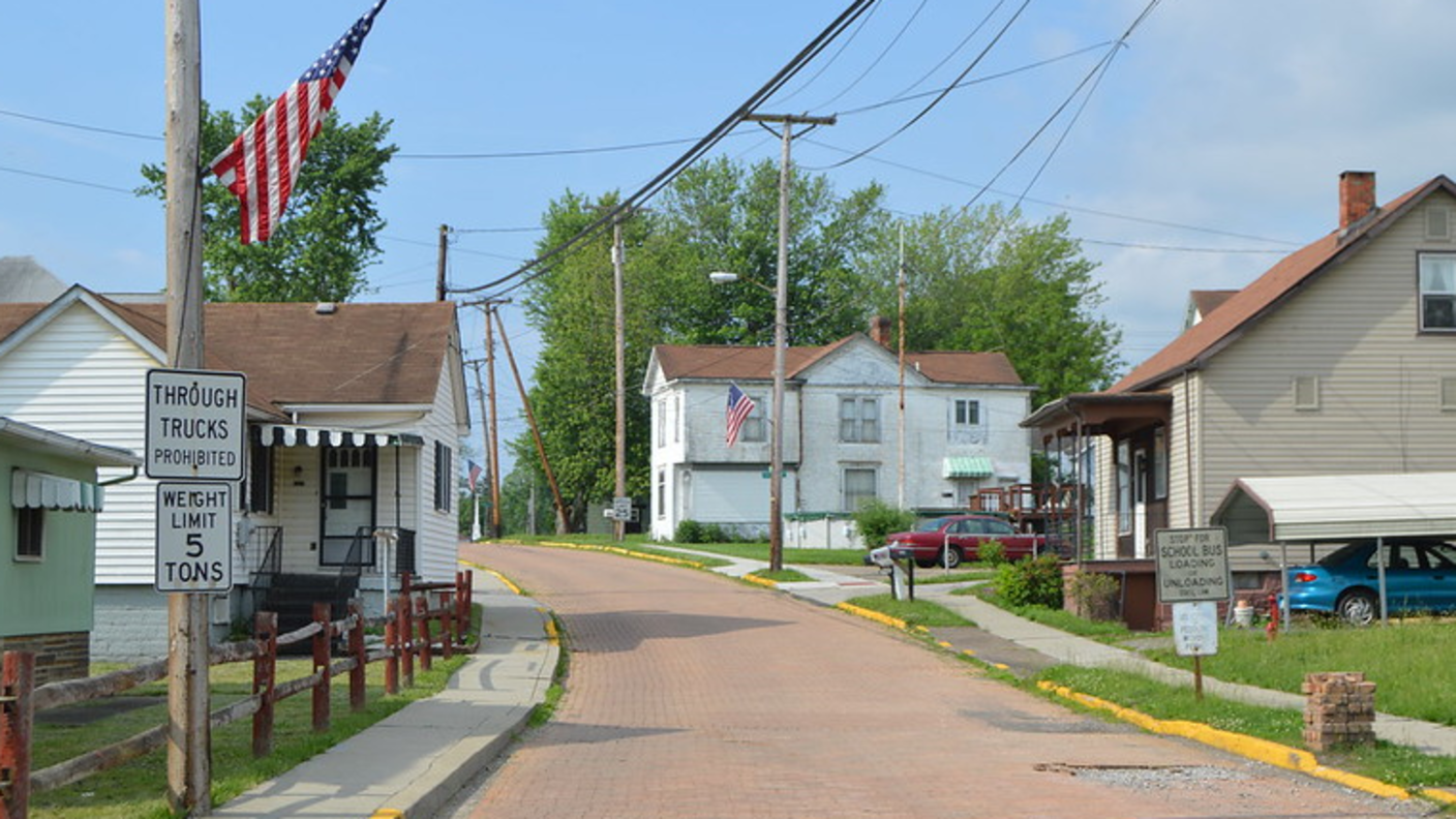 A picture of a street through a neighborhood in rural Ohio.