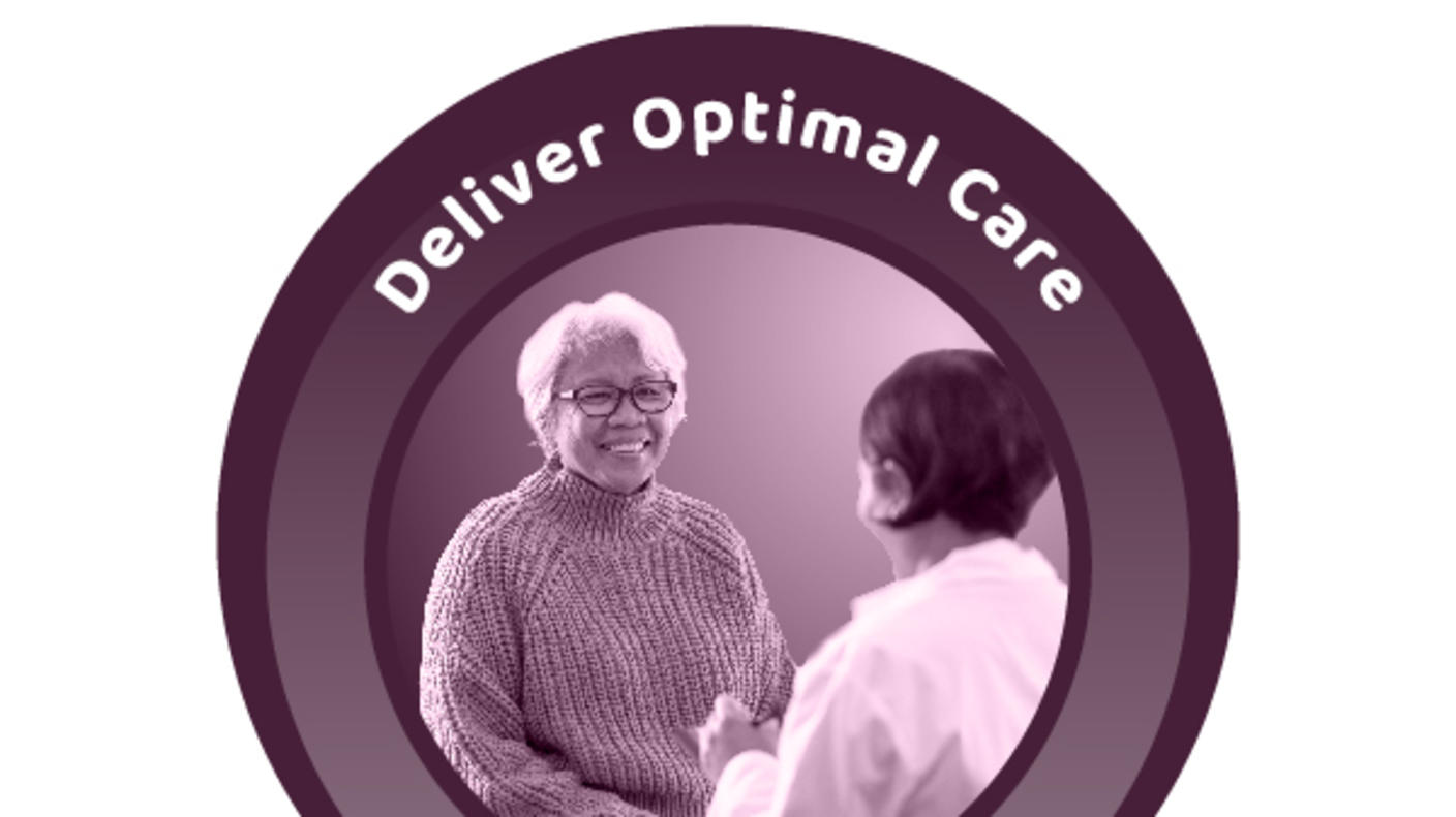A purple, circular icon with a photo of a health care professional in a lab coat talking to an elderly woman with white hair, glasses, and a sweater. Above them are the words Deliver Optimal Care.