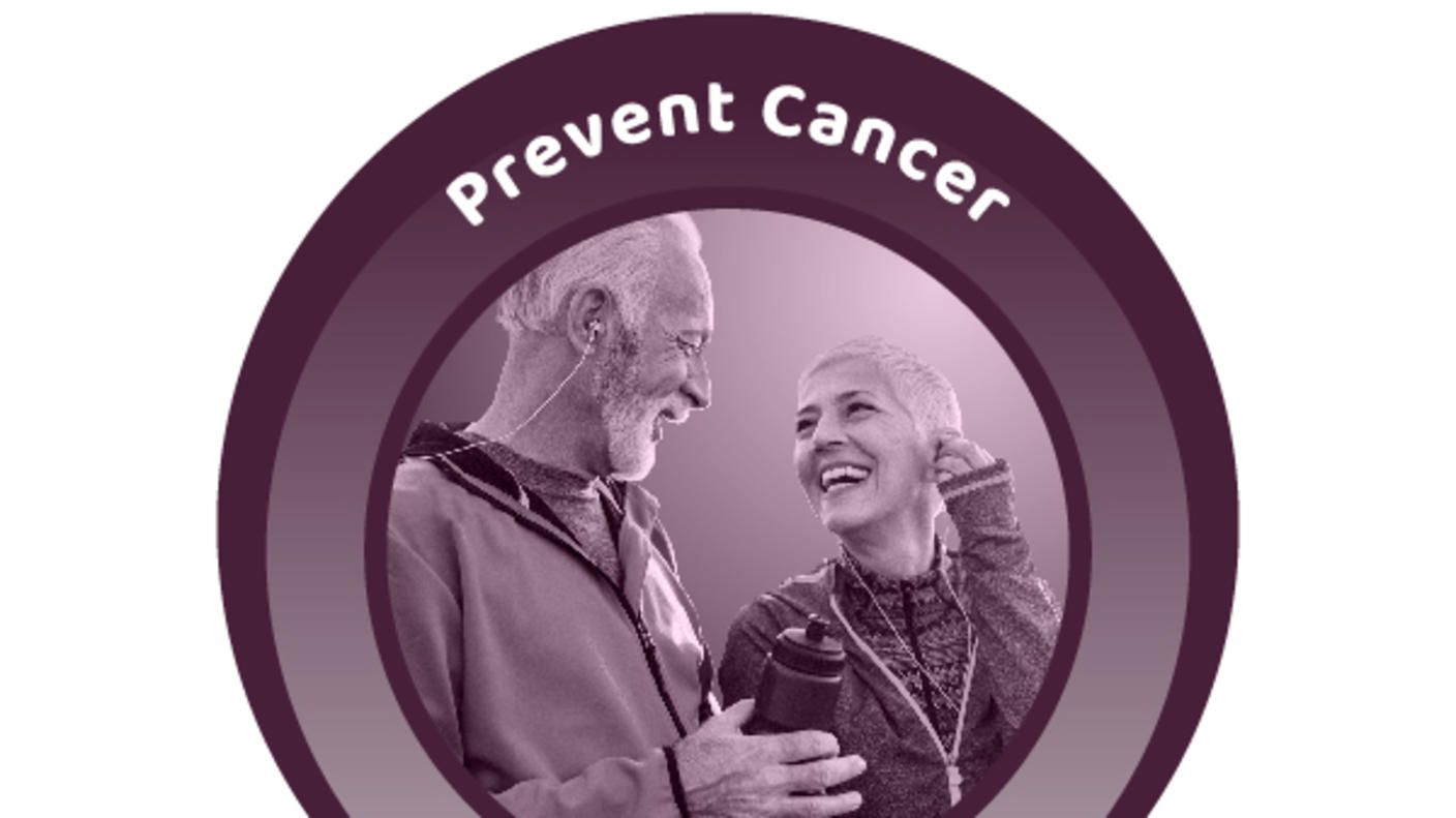 A purple, circular icon with a photo of an elderly man and woman in activewear, walking and laughing together. Above them are the words Prevent Cancer.