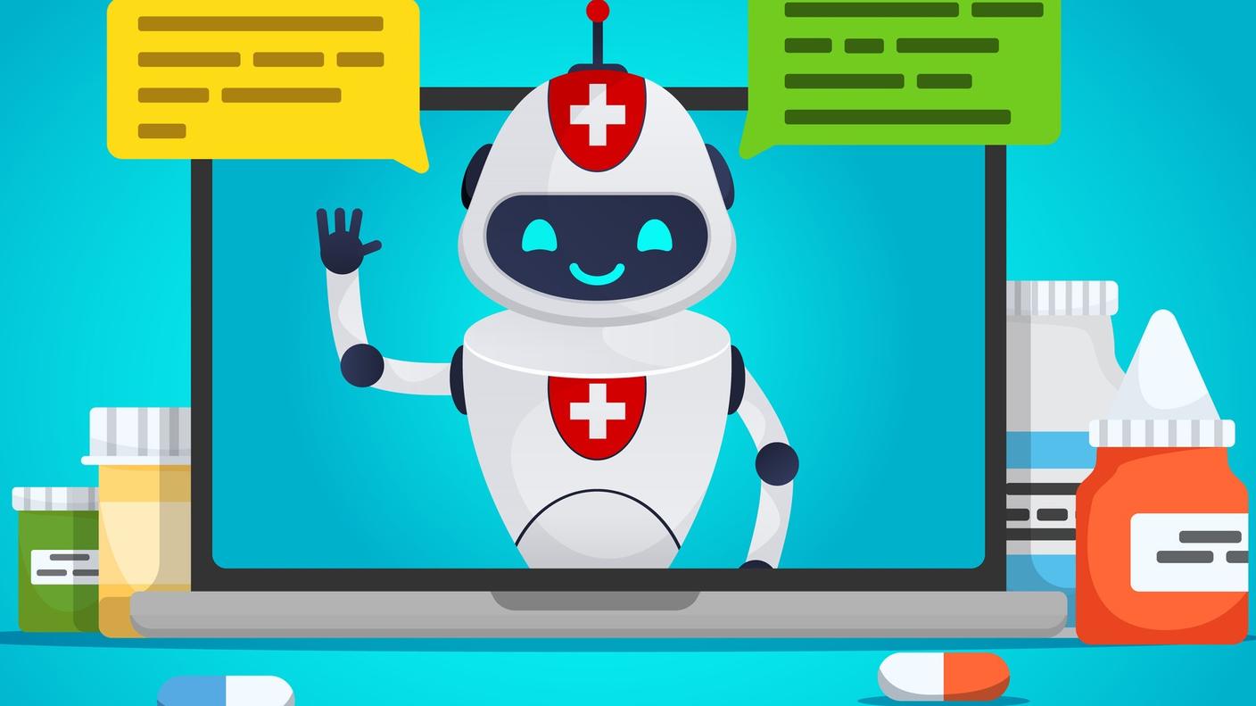 A cartoon of a robot-like character with a nursing cross on its chest and helmet