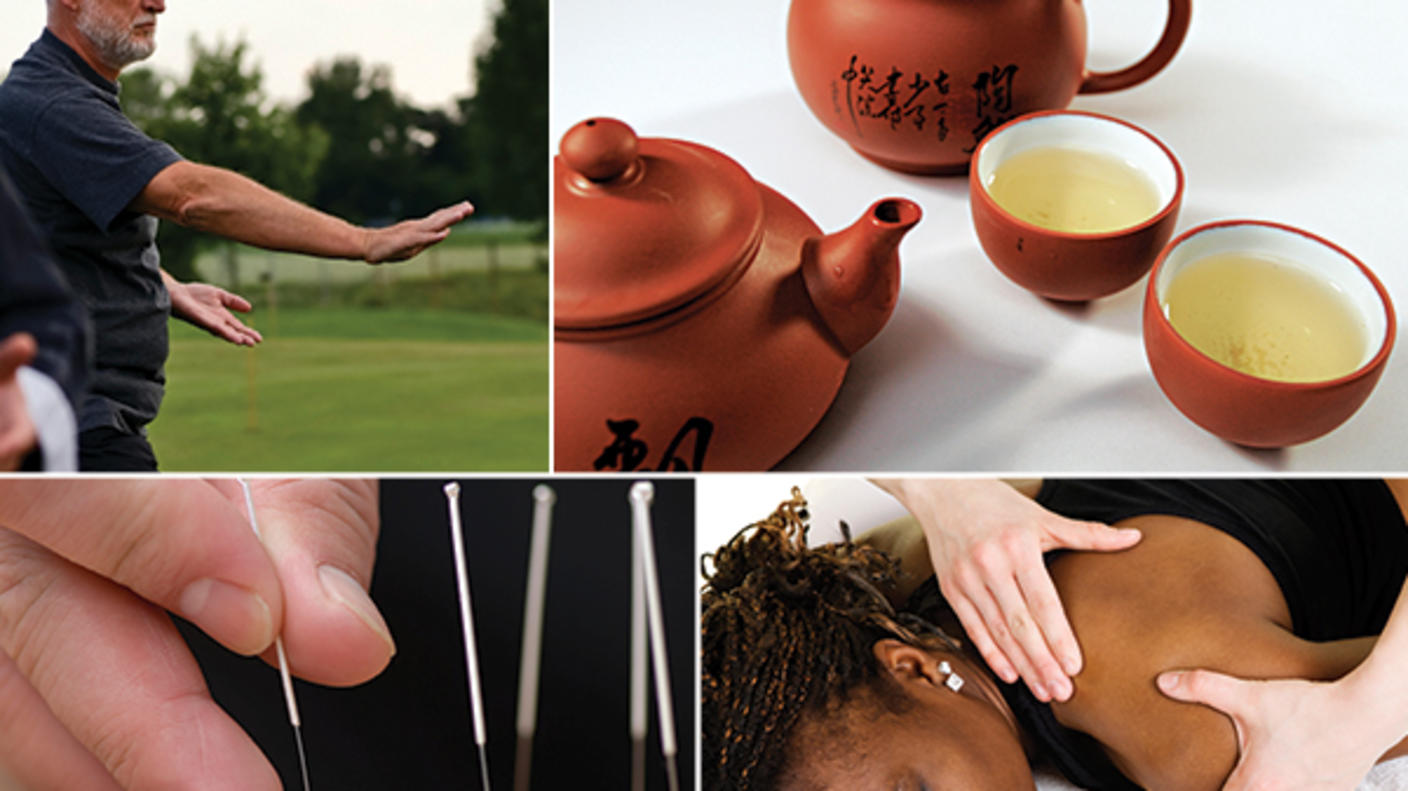 Photo collage of cups of green tea, woman receives a massage, acupuncture is given, and man practices tai chi.