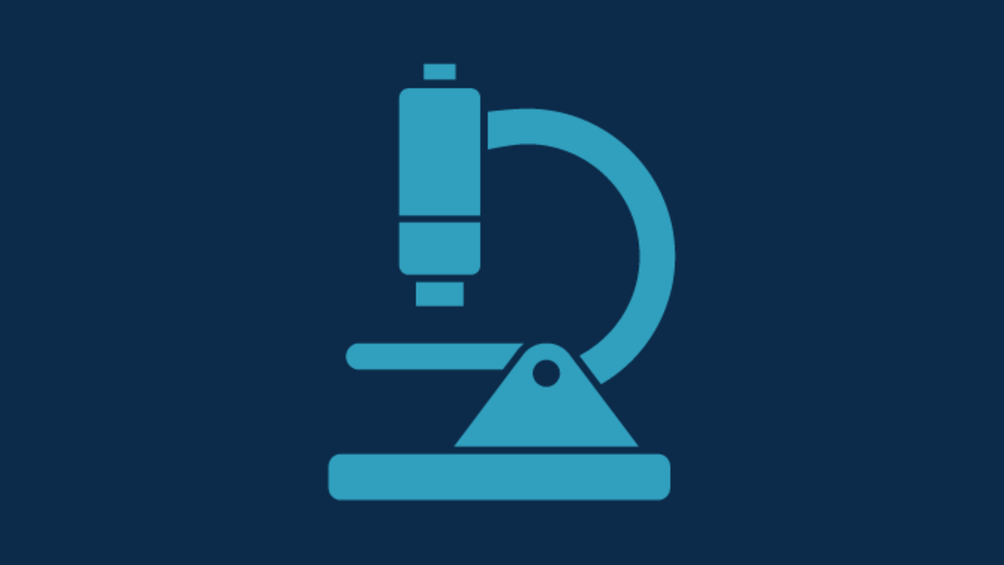 Dark blue background with lighter blue icon of a microscope