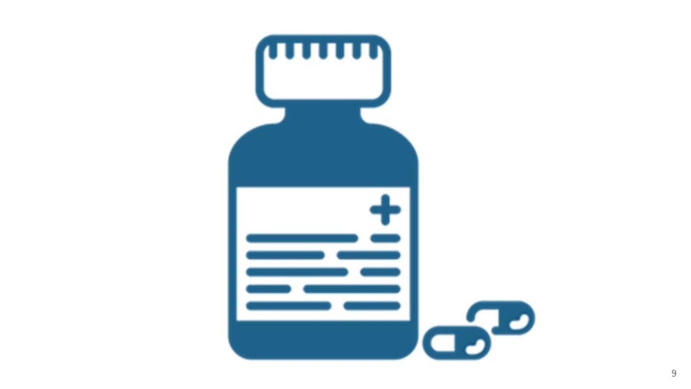 Icon representing treatment with a pill bottle next to 2 pills