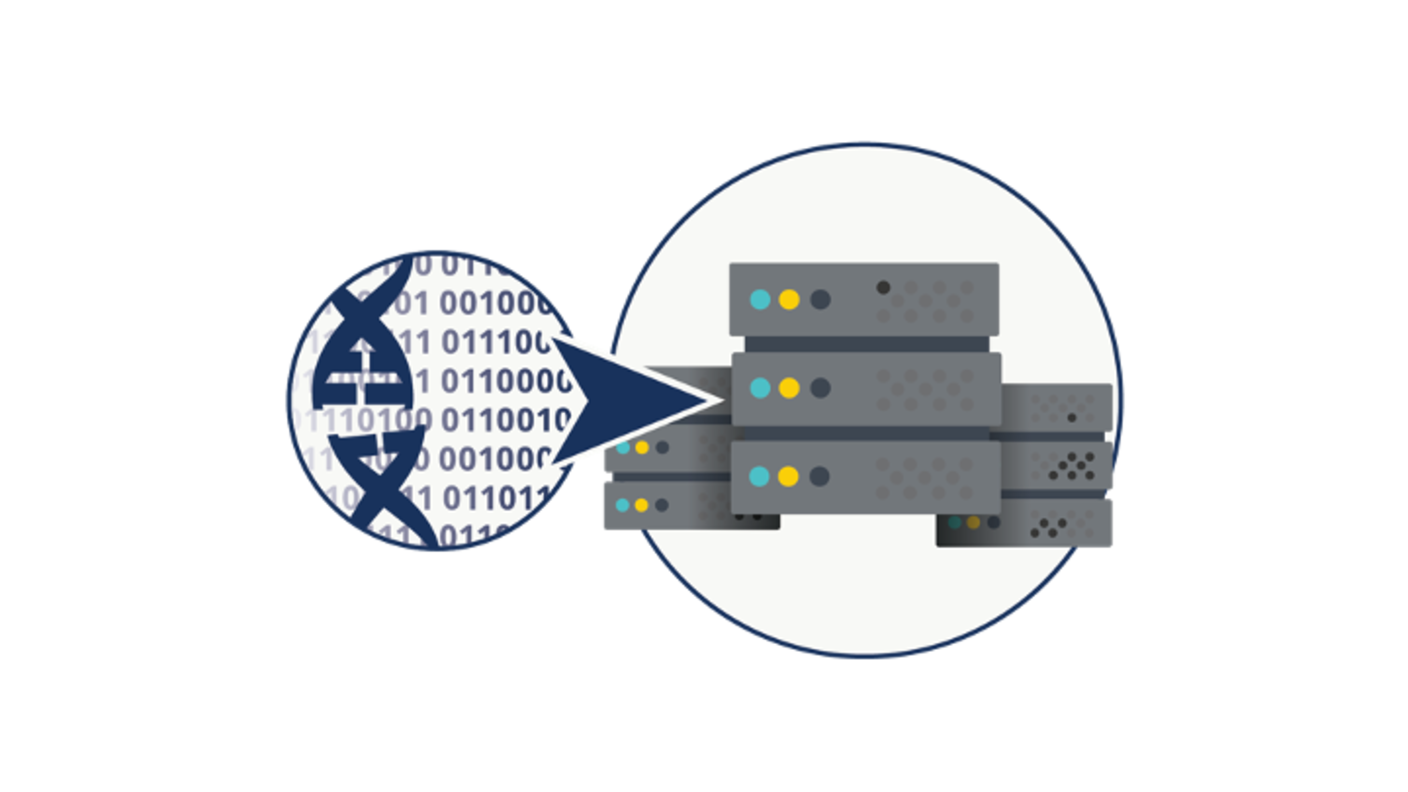 Broken double helix on top of binary code with an arrow pointing from them to data servers.