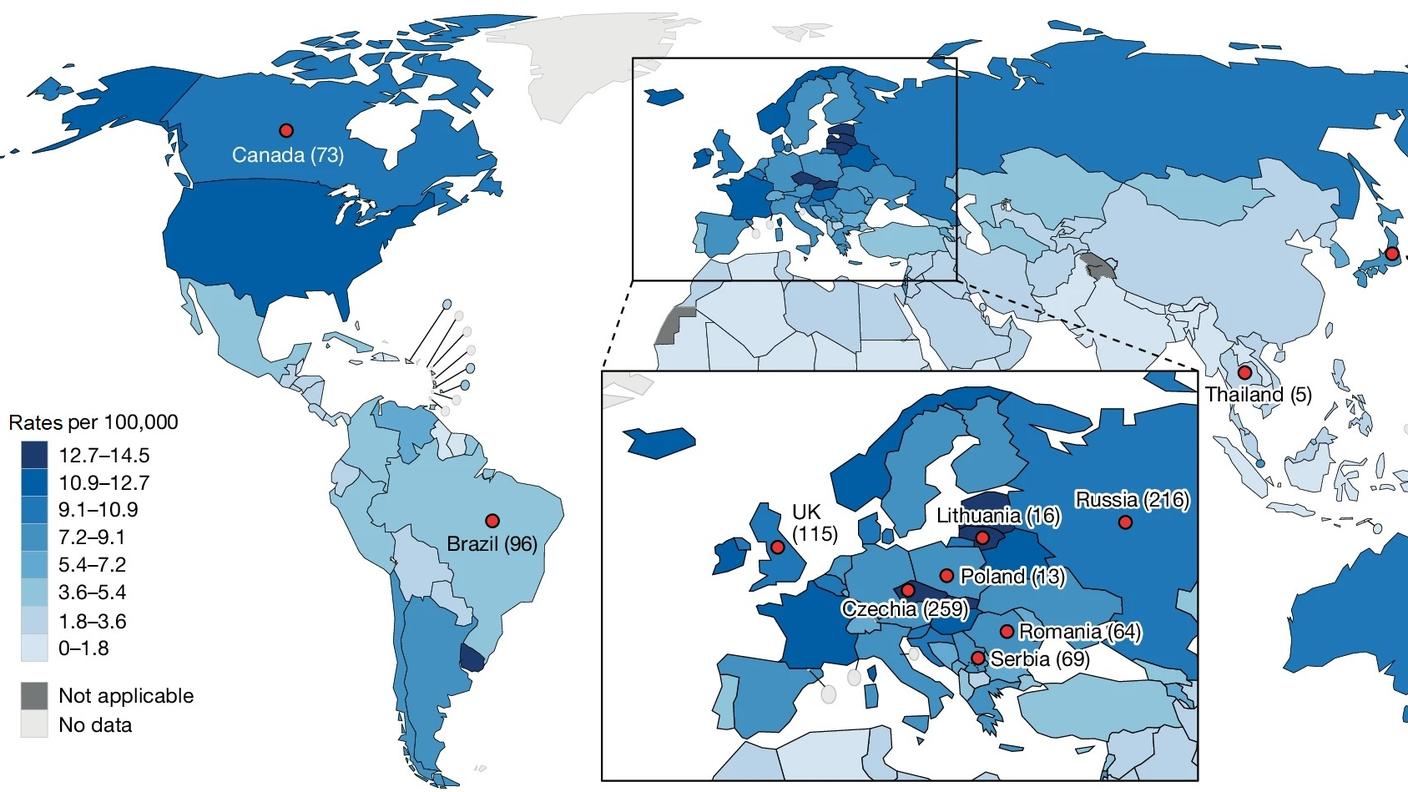A map of the world showing rates of kidney cancer by country. The highest rates are in Lithuania, Czechia, and Uruguay..