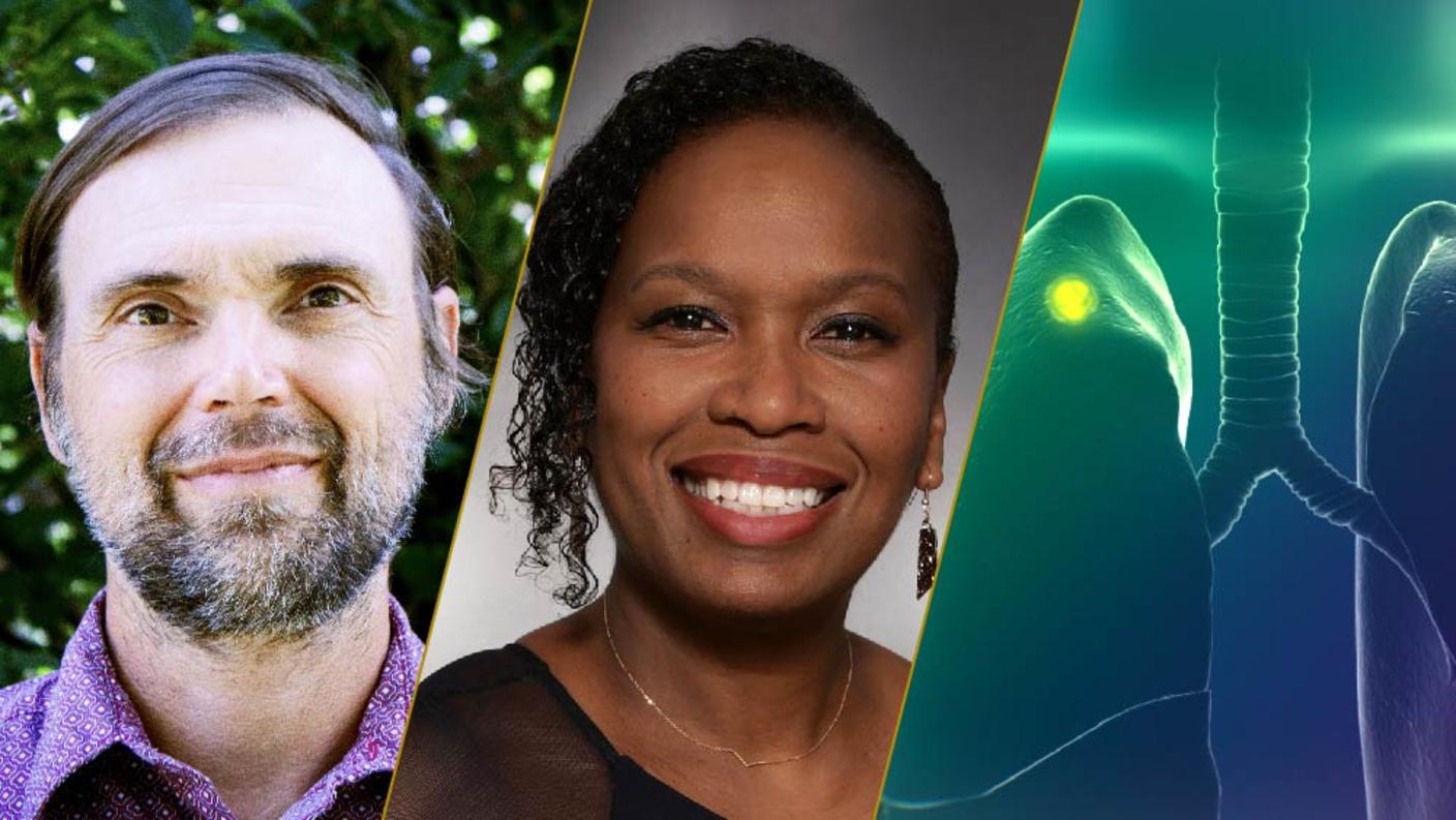 Collage of headshot of Justin, headshot of Dr. Leeya Pinder, and a three-dimensional rendering of the human body with a lung tumor lit up in green